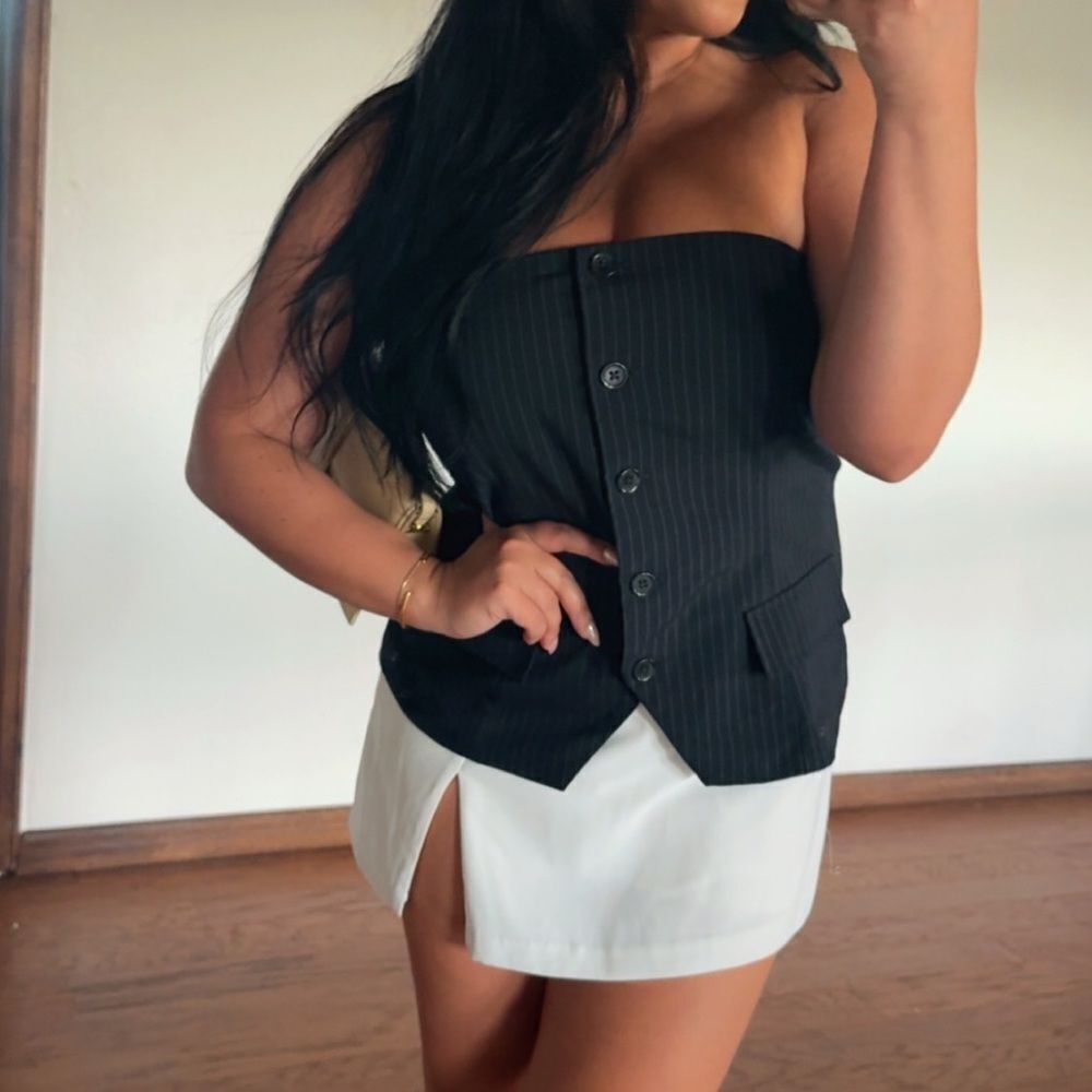 Pin striped blazer strapless top